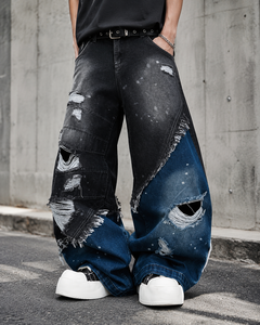 Jeans baggy pour <span class=keywords><strong>homme</strong></span> DiZNEW, déchirés, patchwork, à jambes larges, denim, style hip hop streetwear, effet éclaboussures de peinture - Product Image 3
