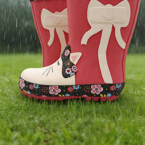 Stivali da pioggia per bambini in gomma rossa impermeabile con stampa di gatti dei cartoni animati dal design classico. - Product Image 6