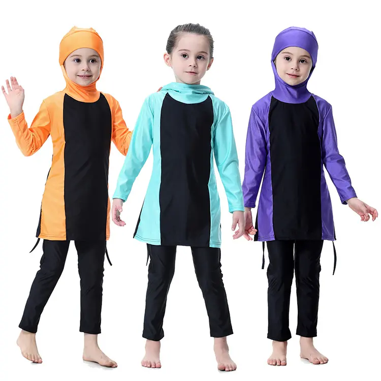 Maiô modesto com capuz para meninas muçulmanas, casaco de manga longa para crianças, roupa de banho modesta e maillots de bainha, roupa de banho com capuz para crianças