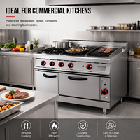 Cuisinière à gaz commerciale 4 brûleurs avec gril à pierres de lave et four, équipement de cuisine professionnel en acier inoxydable