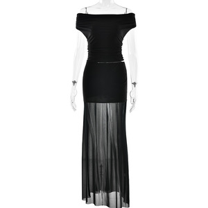 Conjunto de Dos Piezas para Mujer, Top Corto con Hombros Descubiertos y Falda Midi, Color Sólido, Satén Transpirable, Ropa Casual - Product Image 4