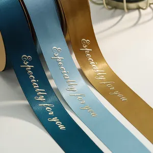 Lude Custom Satin Personalised Ribbon Roll Brand Name Embossed Gold Logo Printed Ribbon For Packing