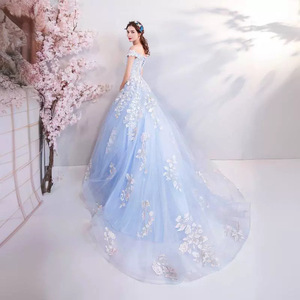 Off The Shoulder Light Blue Floral Embroidered Organza Ball Gown Wedding Dress Empire Waistline For Women - Product Image 4