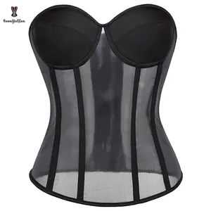 Thin Fabric Gothic Vintage Women's Black Translucent Bra Bustier Shaper Sexy Lingerie Hollow Out Corset Top With Padded Cup