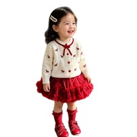 Cardigan en acrylique tricoté à manches longues pour filles, style coréen, avec nœud, tenue printemps-automne pour bébés et tout-petits, jupe tutu en tulle rouge