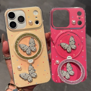 เคสโทรศัพท์มือถือแบบมีวงแหวนแม่เหล็กติดเพชรลายผีเสื้อวิบวับ วัสดุ TPU+PC รองรับการชาร์จไร้สาย สำหรับรุ่น 17 16 15 14 13 <span class=keywords><strong>Pro</strong></span> <span class=keywords><strong>Max</strong></span> - Product Image 1