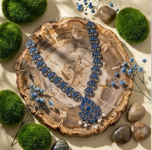Traditional Royal <b>Blue</b> Floral Motif Custom Classic Oxydized Silver <b>Necklace</b> Earring Set Women Ethnic Statement Anniversary - Product Image 2