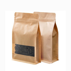 Pochette réutilisable étanche en papier kraft, brun, blanc, bloc plat, fond carré, 3 couches, avec fenêtre - Product Image 1