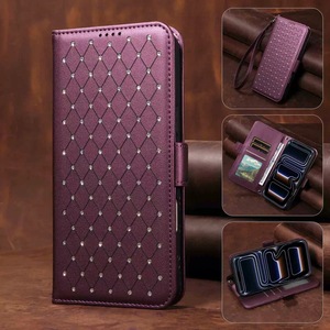 Étui de téléphone en cuir PU avec porte-cartes et dragonne pour Samsung S26 Ultra, motif treillis de diamants, avec fil à coudre - Product Image 6