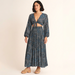 Conjunto de Dos Piezas de Verano para Mujer, Estilo Bohemio, Manga Tres Cuartos, Cuello en V, Detalle Recortado, Estampado Floral, Corte Holgado, 100% Seda - Product Image 1
