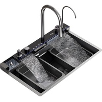 Évier de cuisine multifonctionnel Whale Falls, design de luxe léger, en acier inoxydable 304 noir nano-revêtu, à cuve unique, motif nid d'abeille gaufré 5MM