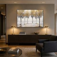 Peinture à l'huile de l'automne : Forêt en brume avec feuillage doré, paysage peint à la main, fleurs et animaux, art mural