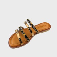 Sandales plates à lanières fines en cuir verni imprimé léopard pour femmes, avec boucle réglable, mules tendance d'été pour femmes