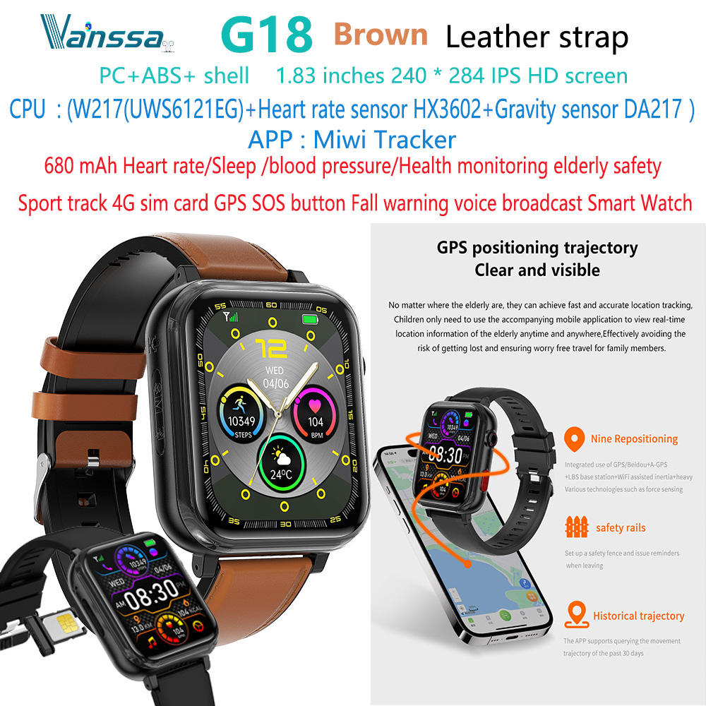 G18-4G-GPS-SOS-health-smart-watch en cuir marron