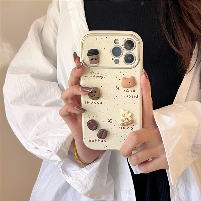 For iphone 11 12 13 14 15 Pro Max Solid 3D Coffee Cup Cute Bear Cookie Mobile Phone Case