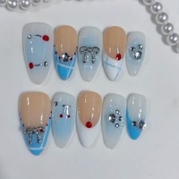 Tacana 10 faux ongles à presser, style français, motif cœur cerise, doux et féminin, faits à la main, haute qualité, couverture complète, en ABS