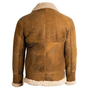 Men Brown B-3 Heated <b>Shearling</b> Bomber Leather <b>Jacket</b> Vintage <b>Aviator</b> Flight <b>Jacket</b> Fur Collar Zip Front Closure Ribbed - Product Image 3