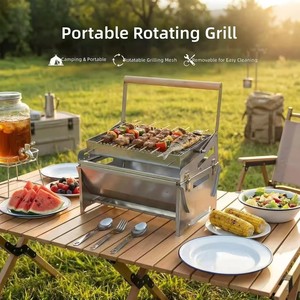 Barbecue portable de style pliant avec broche rotative pour camping, pique-nique, jardin, support pliable détachable et facile à nettoyer - Product Image 5