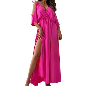 Vestidos de Mujer al por Mayor, Personalizados, OEM, de Alta Calidad, con Cuello en V, Abertura en el Bajo, sin Tirantes, con Mangas, Sexy, Tipo Halter - Product Image 1