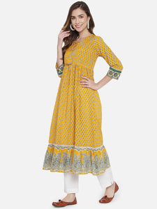 Vestido Maxi de Algodón Boho Amarillo con Estampado a Mano y Bordado, con Dobladillo Acampanado, Manga Tres Cuartos, Corte Holgado, Vestido Casual de Verano - Product Image 5