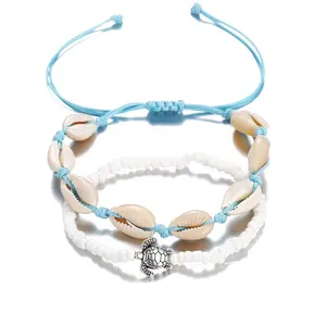 Bohemia Beach Style 2pcs/set Sea Shell Beaded Woven Bracelet Anklets Women Men Jewelry Turtle Bracelet