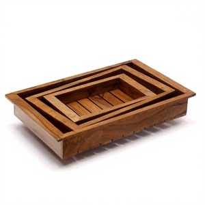 Plateaux de service en bois d'acacia et de sheesham de luxe pour le café, la salle à manger et la décoration intérieure, ensemble de plateaux en bois décoratifs Golden Harmony - Product Image 1