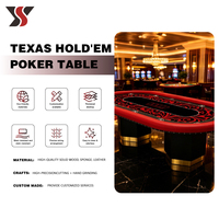 Table de poker Texas hexagonale sur piétement OEM YS Casino, rouge et noir, tapis damassé, accoudoirs en cuir, 10 porte-gobelets, base dorée