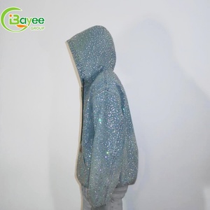 هودي مخصص مزين بالأحجار الكريستالية، قطن ثقيل الوزن، ملابس الشارع الكريستالية، تصميم عتيق فضفاض كبير الحجم، هودي دنيم بسحاب وتطريز للرجال - Product Image 5