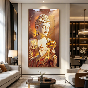 Luxury HD Print Crystal Porcelain <b>Painting</b> Buddha Lotus Wall Art Serene Wholesale Custom Glitter Details LED Buddhist Home Decor - Product Image 4
