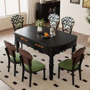 French Retro Solid Wood Dining Table And Chair <b>Set</b> Extendable Round Design For Home Use Small And <b>Large</b> Apartments - Product Image 4