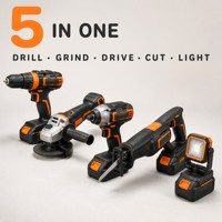 Kit combiné d'outils électriques sans fil 5-en-1 multifonction avec perceuse, meuleuse d'angle, clé à chocs, scie sabre et lampe de travail LED