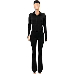 2 Stück Damen Yoga Wear Damen Outfit Jogger Daumenloch Jacke Ausgestellte Hose Zweiteilige Trainings sets für Frauen mit Stirnbändern - Product Image 3