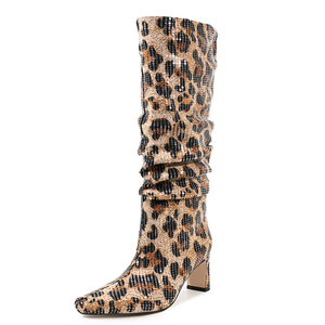Women's Piled Pleated Upper Knee High Boots Chunky High Heels Leopard Print <b>Shoes</b> Big Size 45 Bling Glitter Long Booties - Product Image 4