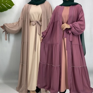 Discount Hot Selling 2PCS Abaya Set (White Pearls Open Abaya Plus Solid Color Long Sleeve <b>Slip</b> Dress) for Muslim <b>Women</b> 1964+6597 - Product Image 3