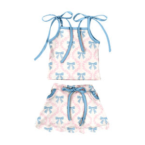 GSD3727 Conjunto de Falda con Estampado de Lazos Azules para Niña Activa, Venta al por Mayor, Conjunto de Verano sin Mangas para Niña - Product Image 1