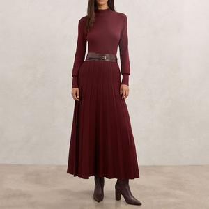 <span class=keywords><strong>Abito</strong></span> <span class=keywords><strong>in</strong></span> <span class=keywords><strong>Maglia</strong></span> Premium con Cintura per Donna, <span class=keywords><strong>Bordeaux</strong></span>, con Orlo Plissettato - Product Image 1