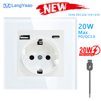 LangYeao EU Duvar Prizi, USB Type-C PD 20W, 16A Temperli Cam Panel 86x86mm V0 Alev Geciktirici ve Güvenlik Kapağı ile
