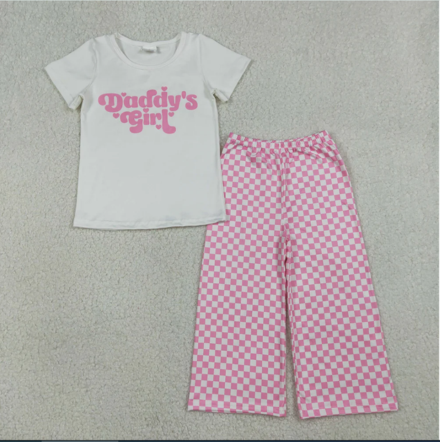Boutique GSPO2257 Daddy's Girl Top Pink Plaid Pants Girls Clothes Set