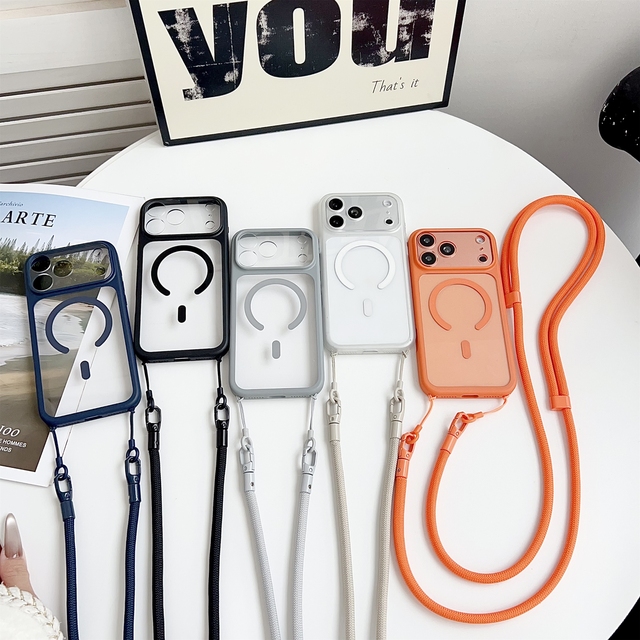 Crossbody Strap Lanyard Hanging Rope Clear Acrylic+TPU Case for iPhone Air 16 15 14 17 Pro Max Wireless Charging Magnetic Cover