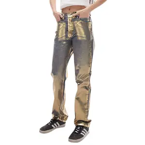 Custom design Fashion straight leg ladies denim trousers with bronzing gold hot stamping jeans pants for women