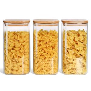Trendy Glass Airtight Stackable Square Food Storage Organizer Containers Jars Set Glass Square Jar with Bamboo Lid