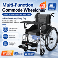 Fauteuil roulant manuel pliable pour personnes âgées avec cadre en acier carbone, coussin de siège amovible, roues pneumatiques de 24 pouces et frein à main pour personnes handicapées