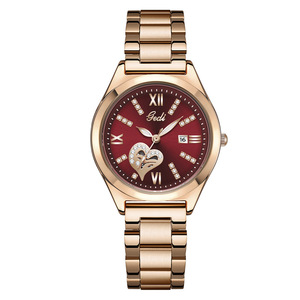 Reloj de tira de acero con calendario tachonado de diamantes de lujo ligero con reloj de cuarzo rojo grande para mujer de alta gama ahuecado - Product Image 5