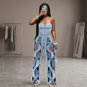 Combinaison en jean personnalisée VOIKERDR pour femme, salopette à découpes aux épaules, style Y2K streetwear, robe longue sans manches en jean 100% coton - Product Image 3