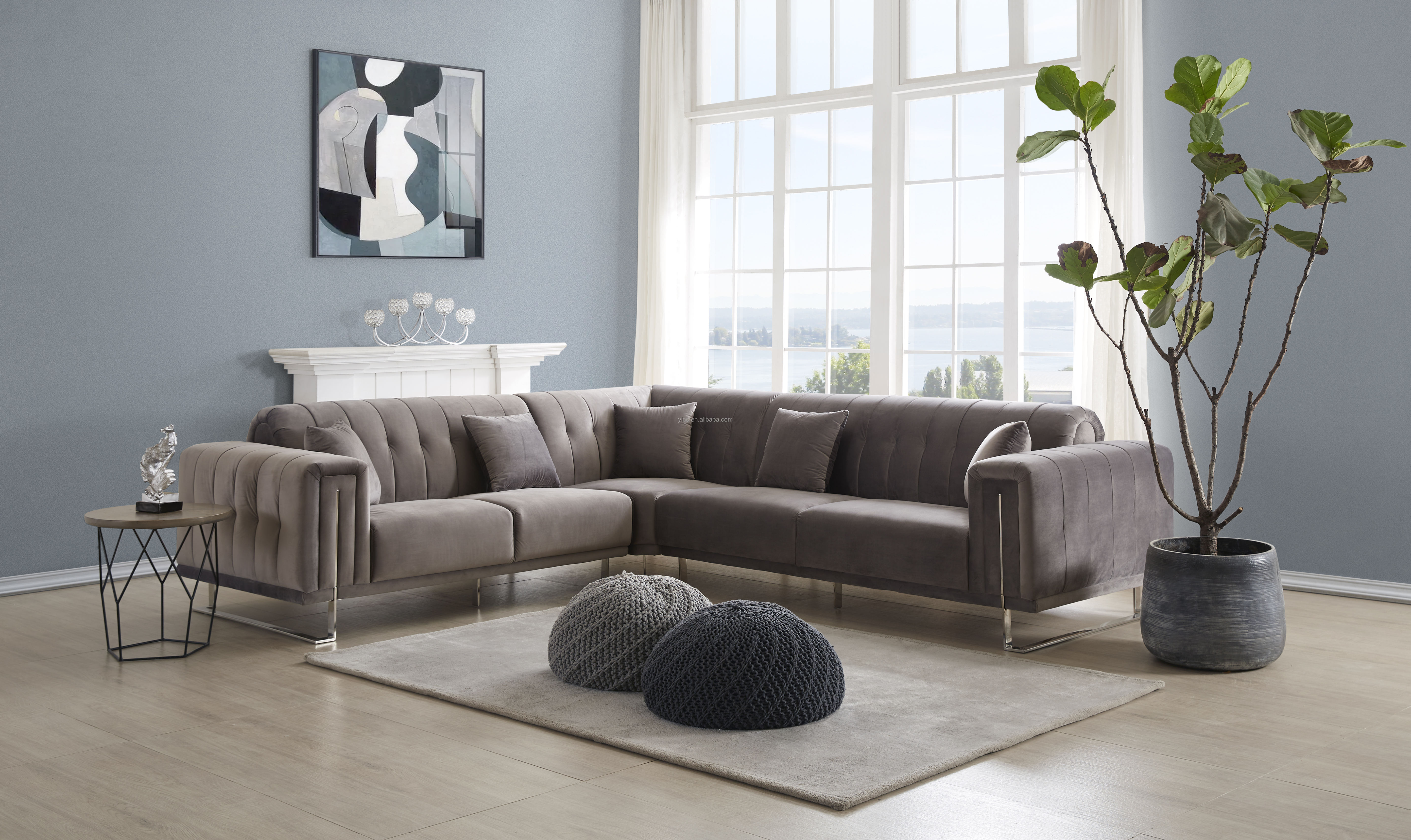 luxury velvet fabric european chesterfield living room modern furniture with Metallic stainless steel leg sofa set