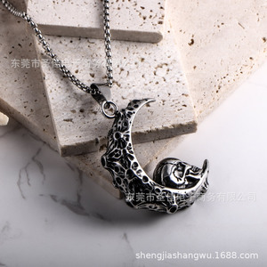Collar con colgante de calavera de luna creciente de acero inoxidable para hombre, diseño geométrico SP1069 - Product Image 4