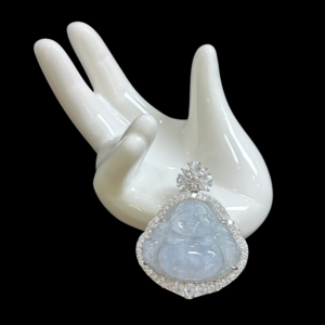 Pendentif <span class=keywords><strong>Bouddha</strong></span> rieur en jadéite birmane naturelle de qualité A, glacé et hautement transparent, serti de zircon en <span class=keywords><strong>argent</strong></span> sterling 925. - Product Image 4