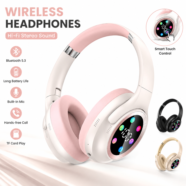 Foldable Headphones with LED Digital Display, 40H Battery, 3-Way Connection (BT/TF/Wired), 10M Range