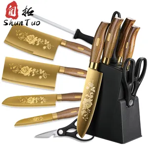 Chines Wooden Handle D2 Kitchen Steel Plastic Chef 4- Piece Knife Set With Magnetic Wooden Acacia Wood Block Stand