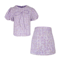 Ensembles de Vêtements d'Été pour Bébés Filles, Tenues de Boutique pour Tout-Petits, Ensemble Jupe Violette à Paillettes, Nœud et Manches Bouffantes en Tweed, Vente en Gros